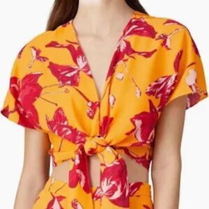 COLOR ME COURTNEY Lori Wrap Tie Front Cropped Top Blouse Yellow Pink EUC Small